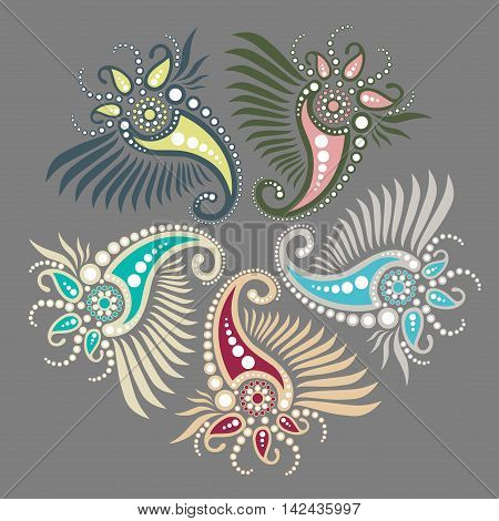 Oriental floral ornament set of five abstract objects