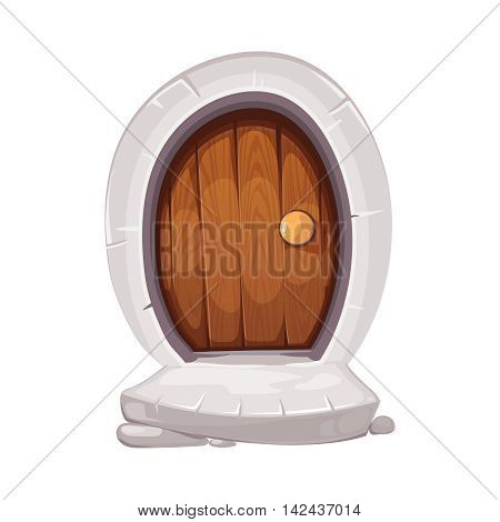 vector Illustration of round small door with handle and old porch steps. wood material. cartoon Picture for 2D game design. Isolate on white background