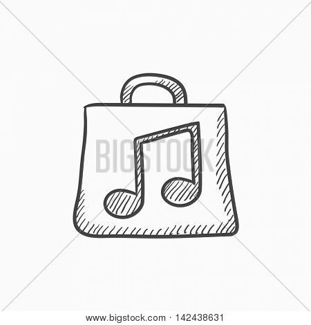 Bag with music note vector sketch icon isolated on background. Hand drawn Bag with music note icon. Bag with music note sketch icon for infographic, website or app.
