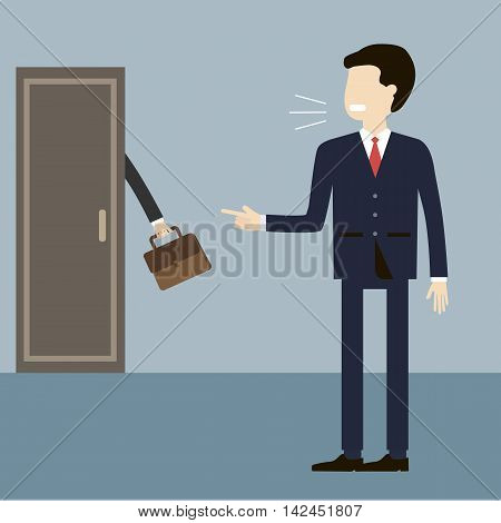 Illustration employee layoffs. Angry boss shouting on the dismissal of a manager and a finger points to the door. Unemployment, crisis, jobless and fired concept. Vector flat design.