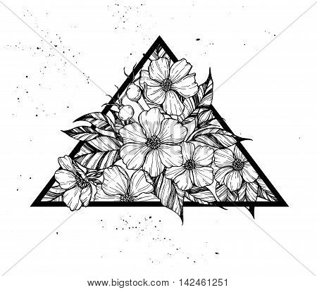 Hand Drawn Vector Illustration - Triangle With Flowers And Leaves. Perfect For Invitations, Greeting