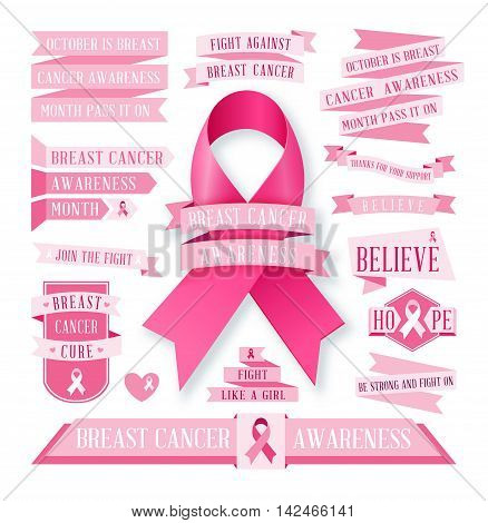 A set of pink Breast Cancer Awareness banners and ribbons isolated on white.