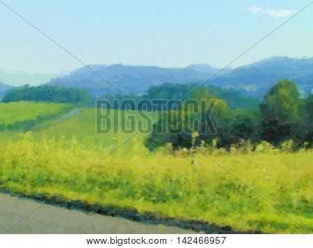 Landscape field dry brush watercolor painting illustration