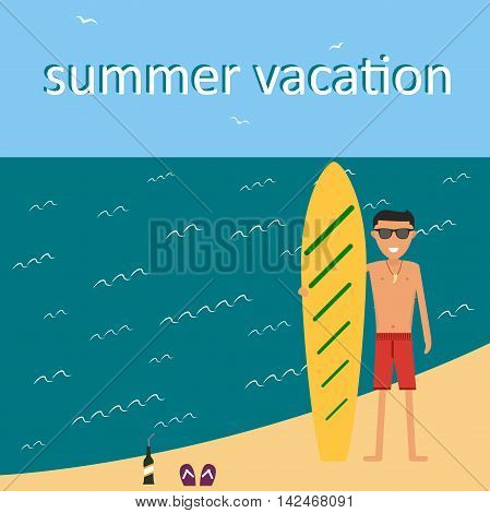 Male surfer riding on waves in the sea. Surfing character. Cute surfer. Vector illustration in flat. Summer vacation background
