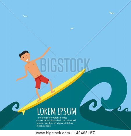 Male surfer riding on waves in the sea. A surfer catches a huge wave. Surfing character. Cute surfer. Vector illustration in flat. Summer vacation background