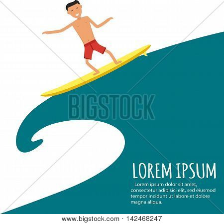 Male surfer riding on waves in the sea. A surfer catches a huge wave. Surfing character. Cute surfer. Vector illustration in flat. Summer vacation background
