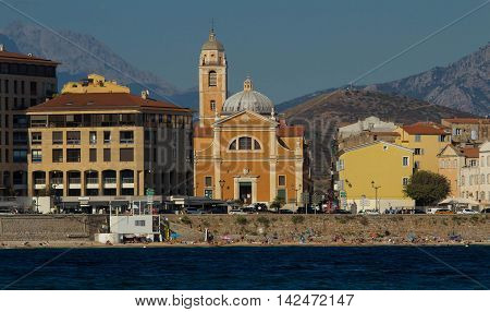 Ajaccio city Corsica island France-August 13 2016 : The Ajaccio cathedral and the beach of Saint Francois .