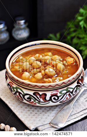 Moroccan harira soup in traditional bowls. soup