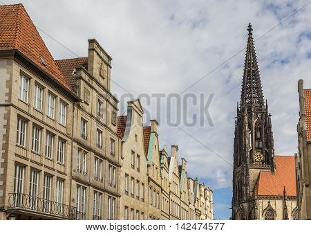 Facades And Church Tower At The Principal Market Square In Munster