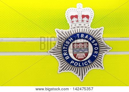 London UK - June 21 2016: logo of the British Transport Police on a police car. The BTP is a special police force that polices railways and light-rail systems in England Scotland and Wales