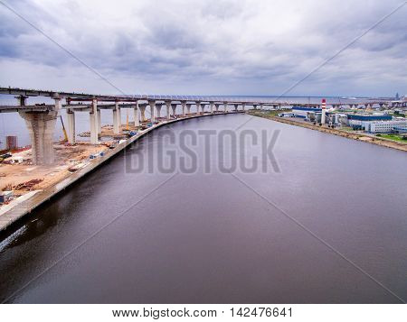 Aerial view of Kanonerskiy island in Saint-Petersburg, Russia with new high beltway
