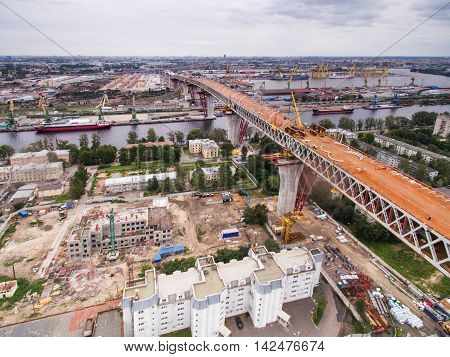 Aerial view of Kanonerskiy island in Saint-Petersburg, Russia with new high beltway