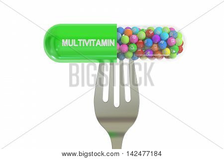 fork with multivitamin capsule 3D rendering isolated on white background