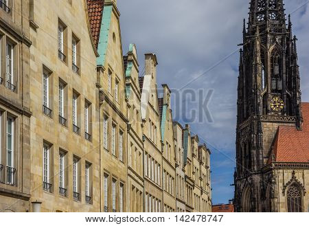 Facades And Church Tower At The Principal Market Square In Munster