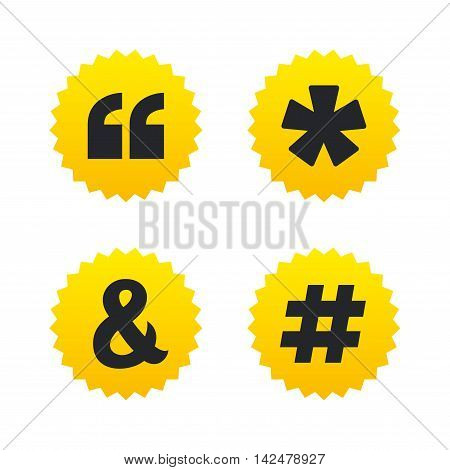 Quote, asterisk footnote icons. Hashtag social media and ampersand symbols. Programming logical operator AND sign. Yellow stars labels with flat icons. Vector