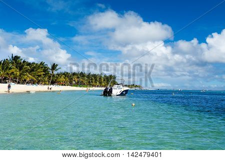 LE MORNE, MAURITIUS ISLAND - JUNE 22, 2016: Beach at Le Morne Brabant, a rugged mountain in the southwest of Mauritius, Republic of Mauritius, June 22, 2016