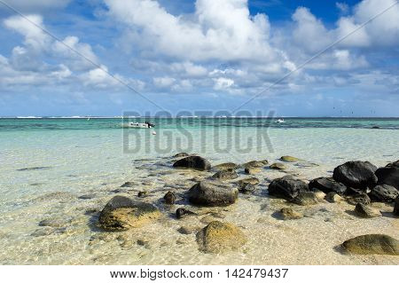 BEL OMBRE, MAURITIUS ISLAND - JUNE 17, 2016: Diving boat in Bel Ombre beach, Mauritius island, June 17, 2016