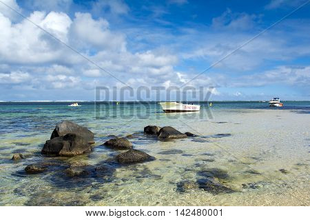 BEL OMBRE, MAURITIUS ISLAND - JUNE 17, 2016: Diving boat in Bel Ombre beach, Mauritius island, June 17, 2016