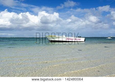 BEL OMBRE, MAURITIUS ISLAND - JUNE 17, 2016: Diving boat in Bel Ombre beach, Mauritius island, June 17, 2016