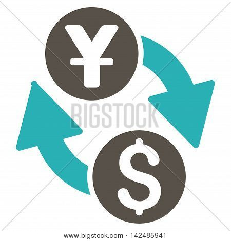 Dollar Yuan Exchange icon. Glyph style is bicolor flat iconic symbol with rounded angles, grey and cyan colors, white background.