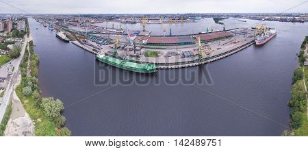 Aerial panoramic view of Kanonerskiy island in Saint-Petersburg, Russia with new high beltway