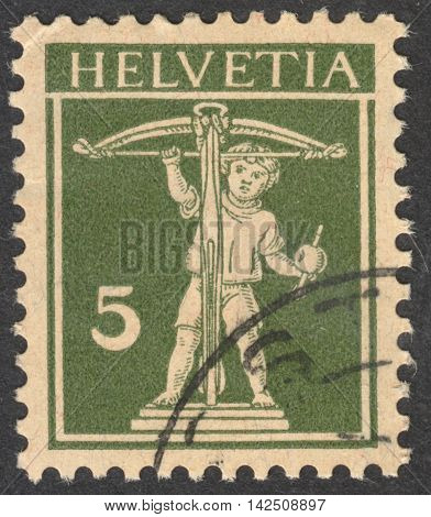 MOSCOW RUSSIA - CIRCA APRIL 2016: a post stamp printed in SWITZERLAND shows a portrait of Wilhelm Tell's Son the series 