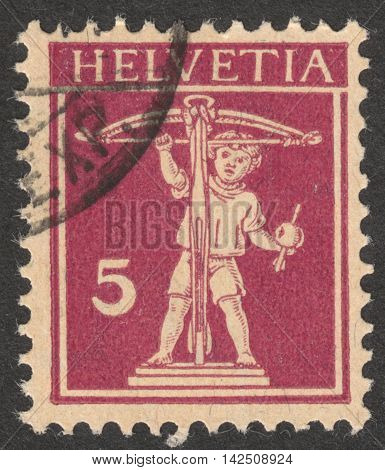 MOSCOW RUSSIA - CIRCA APRIL 2016: a post stamp printed in SWITZERLAND shows a portrait of Wilhelm Tell's Son the series 