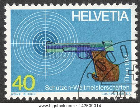 MOSCOW RUSSIA - CIRCA APRIL 2016: a post stamp printed in SWITZERLAND devoted to World Marksmanship Championship Thun circa 1974