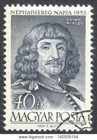 MOSCOW RUSSIA - CIRCA APRIL 2016: a post stamp printed in HUNGARY shows a portrait of Zrinyi Miklos the series 