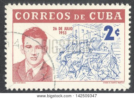 MOSCOW RUSSIA - CIRCA APRIL 2016: a post stamp printed in CUBA shows a portrait of Abel Santamaria the series 