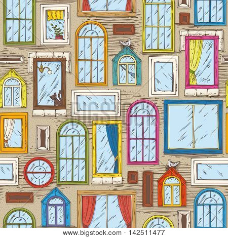 Seamless Vector Pattern. Beige Wall with Different Color Windows. Hand Drawn Illustration