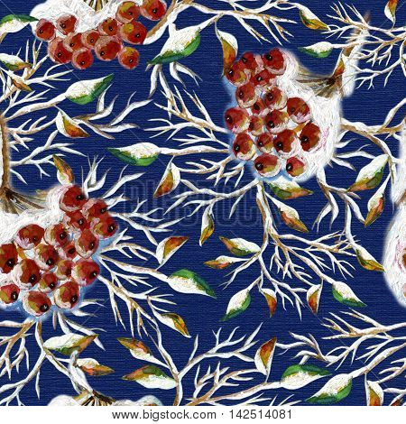 Winter seamless background with red berries and leaves on tree branches in snow on blue. Design art collection for Christmas and New Year vintage print. Hand drawn watercolor repeated illustration