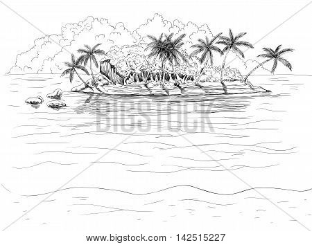 Hand drawn tropical island with palm and sky with flufy clouds. Summer illustration.