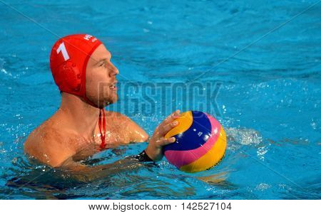 Budapest Hungary - Jul 15 2014. Viktor Nagy (HUN 1) goalkeeper with the waterpolo ball. The Waterpolo European Championship was held in Alfred Hajos Swimming Centre in 2014.