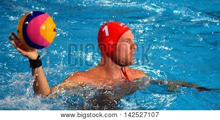 Budapest Hungary - Jul 15 2014. Viktor Nagy (HUN 1) goalkeeper with the waterpolo ball. The Waterpolo European Championship was held in Alfred Hajos Swimming Centre in 2014.