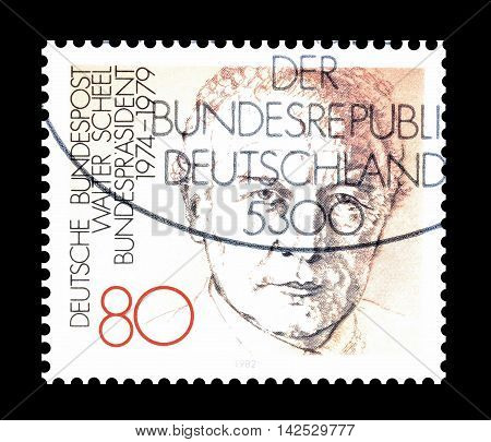 GERMANY - CIRCA 1982 : Cancelled postage stamp printed by Germany, that shows Walter Scheel.