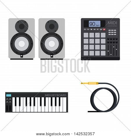 Set of Vector Illustrations of Hip-Hop Gear and Instruments including MIDI Controller With Pads, Keyboard, Acoustics and Cable