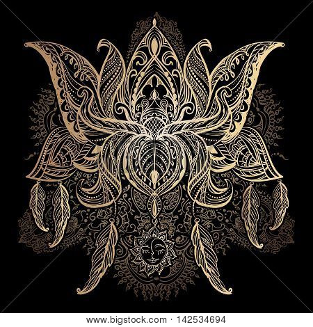 Hand drawn beautiful artwork of isolated ornate Lotus for tattoo printing on T-shirt coloring books. Vector illustration.