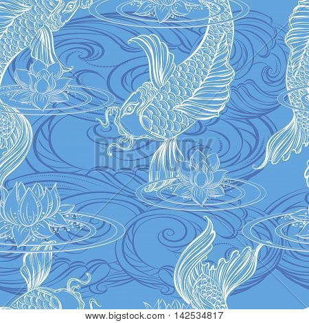 Seamless pattern from hand drawn Asian spiritual symbols - koi carp with lotus and waves.
