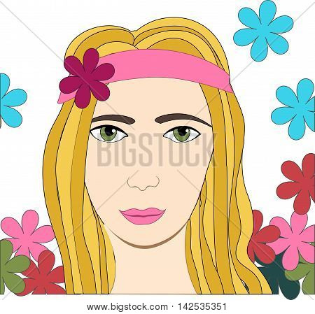 Vector illustration of hippie girl with flowers and headband sign of peace and pacifism colorful