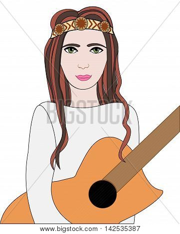 Vector illustration of hippie girl with guitar and headband sign of peace and pacifism colorful