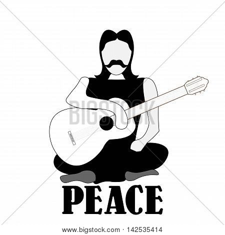 Vector illustration of cross-legged hippie man with guitar sign of peace and pacifism black and white