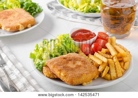 Fried Cheese With French Fries And Lettuce