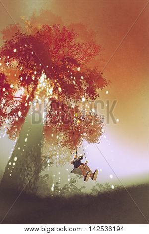 robot rocking the swing under the fantay autumn tree, illustration painting
