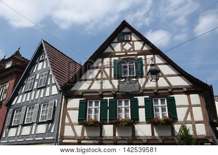 MARBACH AM NECKAR, GERMANY - JUNE 11, 2015: Traditional half-timbered house where Friedrich Schiller was born in 1759 in Marbach am Neckar, Baden-Wurttemberg, Germany.