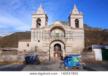 CHIVAY PERU-JANUARY 15: Catholic church at Plaza de Armas on January 15 2015 in Chivay Peru. Chivay is the capital of the Caylloma province.