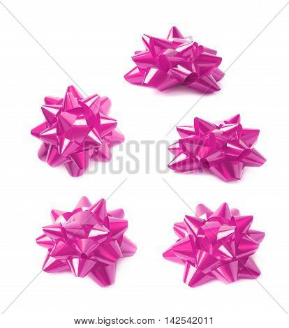 Decorational purple ribbon gift bow isolated over the white background, set collection of five diffirent foreshortenings