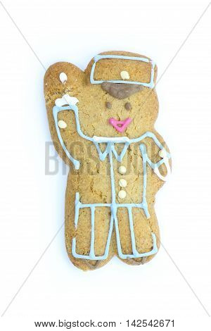 Gingerbread man. White background. Hand is up
