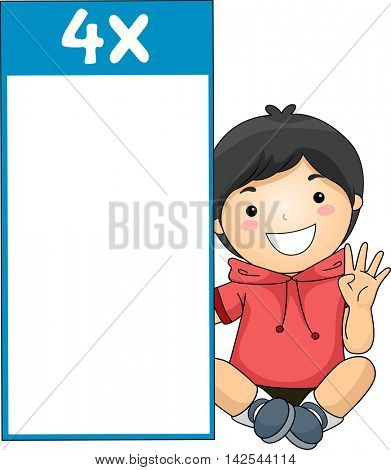 Illustration of a Little Boy Sitting Beside a Multiplication Flash Card for Multiples of Four