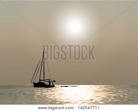 Sunset at sea with yachts. Sea voyage on the yacht.